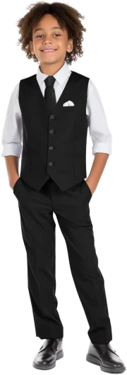 Boys’ 6-Piece Formal Slim Fit Suit Set, Vest, Pants, Dress Shirt, Tie, Pocket Square, and Bow Tie 14 Black-v