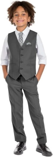Boys’ 6-Piece Formal Slim Fit Suit Set, Vest, Pants, Dress Shirt, Tie, Pocket Square, and Bow Tie 5 Dark Gray-v
