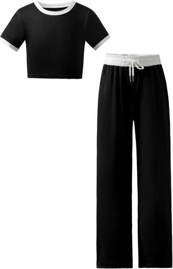 Girl’s 2 Piece Outfit Short Sleeve Crop Tops Drawstring Wide Leg Pants Sets