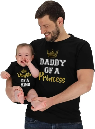 Daddy of a Princess & Daughter of a King Dad and Baby Matching Outfits Father’s Day Shirt and Infant Bodysuit Set man Medium / baby 12M (6-12M) Man Black / Baby Black
