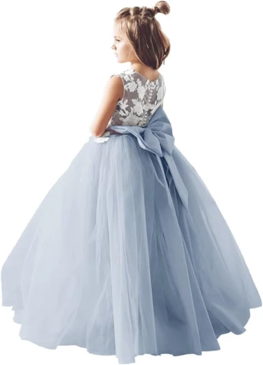 Lace Applique Tulle Flower Girl Dress for Wedding Bridesmaid First Communion Dresses Princess Pageant Party Gown