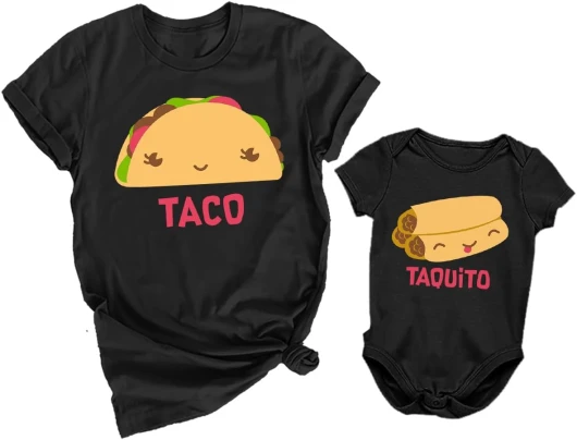 Taco and Taquito Mommy and Me Outfits Funny Mom and Baby Gift Idea for First Mother’s Day or Baby Shower Taco Small / Taquito 12M (6-12M) Taco Black / Taquito Black