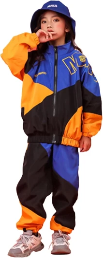 Boys’ Girls’ Color Block Jacket Track Pants Sets Hip Hop Dance Patchwork Clothes Unisex Streetwear 10-12 Blue