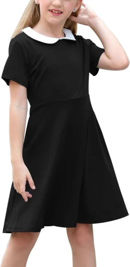 Girl’s Short Sleeve Casual Vintage Peter Pan Collar Fit and Flare Skater Party Dress with Pockets 4-12 Years