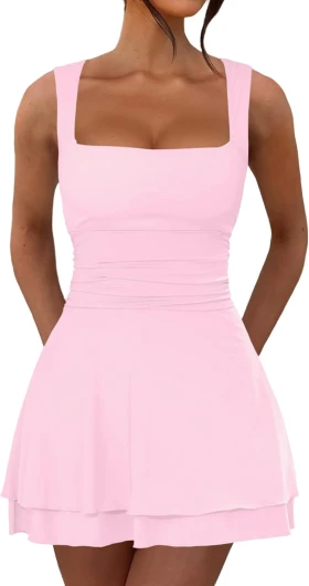 Women’s Summer Ruffle Hem Square Neck Mini Dress Ruched Waist Short Party Dresses Light Pink X-Small