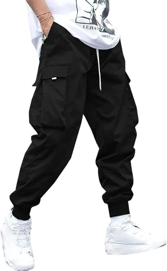 Men’s Streetwear Cargo Pants with Flap Pockets & Drawstring Elastic Waist - Casual & Techwear Joggers Medium A-black