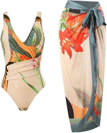 Women’s One Piece Swimsuit with Beach Cover up Wrap Skirt Sarong Retro Floral Print Bikini Set Two Piece Bathing Suit Large Light Apricot Floral