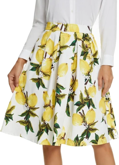 Women’s Vintage A-line Printed Pleated Flared Midi Skirt with Pockets
