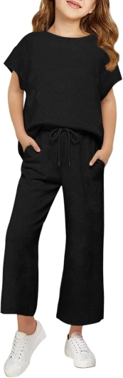 Girls’ Clothing Sets Kids Fashion Short Sleeve Crew Neck Tops Wide Leg Pants Sweatsuit with Pocket 5-14Y