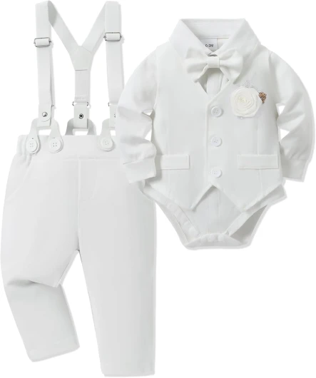 Baby Boy Clothes Suit Infant Gentleman Wedding Outfit Dress Shirt+Bowtie+Vest+Corsage+Suspender+Pants 6Pcs Set 0-24M