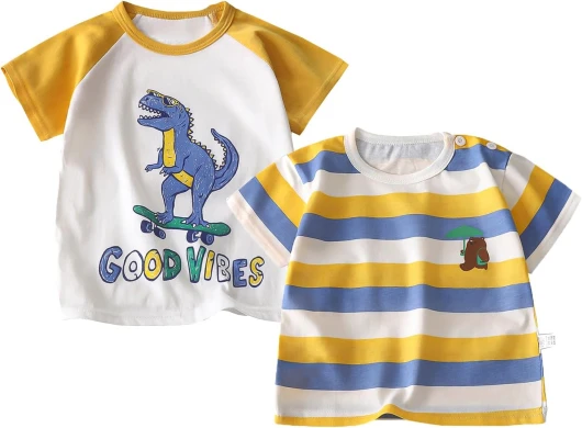 Toddler Boy Clothes for Boys Summer Short Sleeve Cotton T-Shirt Crew Neck Dinosaur Graphic Tee Tops 2 Pack 1-2T Yellow Dino