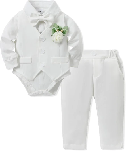 Baby Boy Clothes Suits Infant Gentleman Outfit Collared Dress Shirt+Vest+Tie+Corsage+Pants 5Pcs Baby Suit Sets Baptism Outfits 3-6 Months