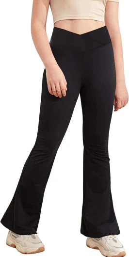 Girl’s Leggings Cross High Waisted Flare Pants Yoga Bootcut Pants Solid Color Full Length Bell Bottoms