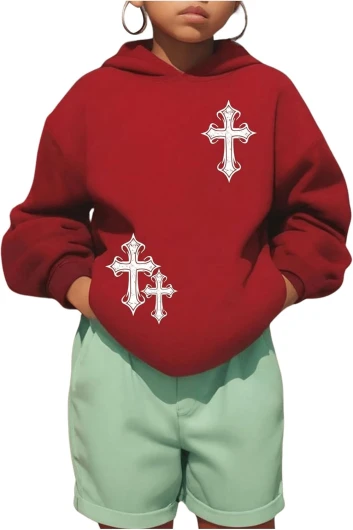 Girl’s Cross Print Long Sleeve Hoodie Fleece Athletic Sweatshirts Pullover 9 Years Red