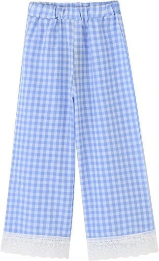 Toddler & Little Girls’ Gingham Wid Leg Pants with Lace Trim Blue Gingham 4-5T