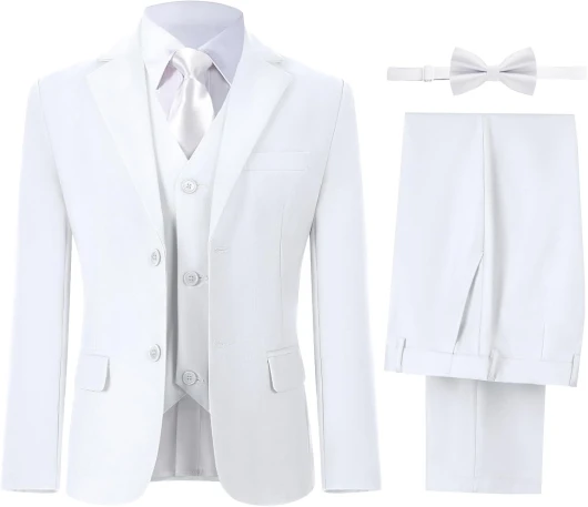 Kids Boys’ Suits 6 Piece Formal Set Toddler Boy Wedding Outfit Slim Fit Tuxedo Suit for Teens with Shirt and Bowtie White 14