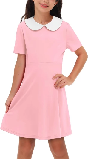 Girl’s Peter Pan Collar Dress Short Sleeve Casual Flare Skater Dresses 5-14 Years 9-10 Years Light Pink