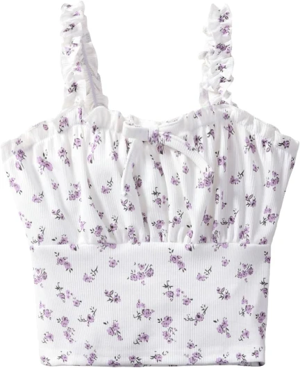 Girl’s Ditsy Floral Print Frill Trim Cami Crop Top Cute Summer Tops Preppy Clothes