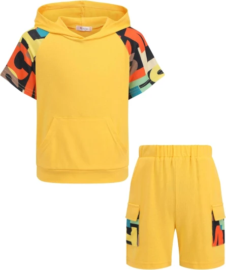 Boys 2 Piece Summer Outfits Letter Graphic Colorblock Short Sleeve Hoodie and Short Sets whith Pockets 5-12 Years