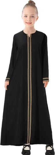 Kids Girls Gold Embroidered Muslim Dress Abaya Long Sleeve Eid Robe Prayer Clothes