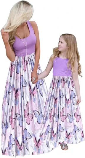 Mommy and Me Family Outfits, Stripe Stitching Dress,Summer Matching Maxi Dress with Pocket for Mother’s Day