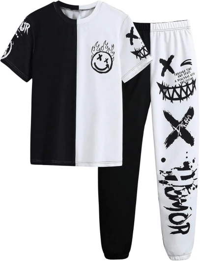 Boy’s Two Piece Graphic Print Short Sleeve T Shirts and Elastic Waist Pants Clothing Set 9Y Black and White