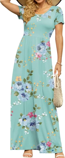 Women’s Short Sleeve Maxi Dresses Casual Empire Waist Long Dress with Pockets Medium Mint Green Floral