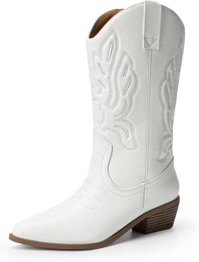 Women’s Cowboy Boots Mid Calf Cowgirl Boots Embroidery Stitched Western Boots 9 White-pu