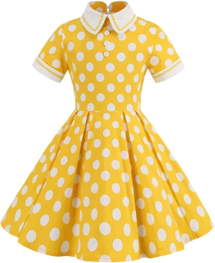 Kids Notch Lapel 50s Dress for Girls Vintage Retro 1950s Polka Dot Dress for Girls 50’s Audrey Hepburn Rockabilly Swing Dress Yellow 9-10 Years