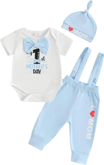 Karuedoo My 1st Mother’s Day Baby Boy Outfit Short Sleeve Bowtie Romper I Love Mom Suspender Pants Hat 3 Piece Clothes Set A-white 9-12 Months