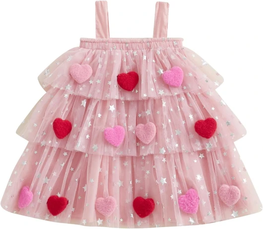 Kids Toddler Baby Girl Valentine’s Day Dress Star Layered Tutu Dress with Heart Pompom Balls Summer Princess Dress Pink 8-9 Years