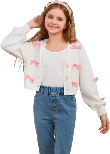 Girl’s 3D Bow Long Sleeve V Neck Button Down Cardigan Sweater Knitted Outerwear 12 Years White
