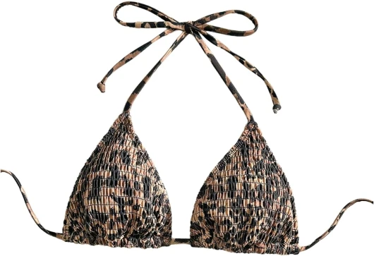 Women’s Leopard Print Halter Bikini Top Smocked Swimsuit Summer Beach Vacation Clothes