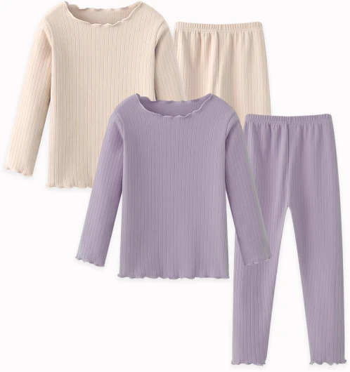 Girls Thermal Underwear Set Girls’ Ruffle Trim Fall Base Layer Apparel Set Winter Top and Long pants for 3-8Y Purple/Apricot 4T / 5T