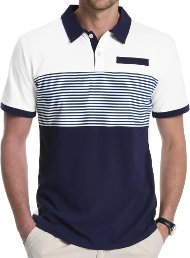 Men’s Color Block Polo Shirts, Short Sleeve Two-Tone Striped Cotton Golf T-Shirt for Men