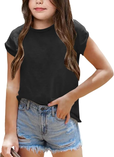 Girl’s Short Sleeve Tee Summer Crewneck T-Shirt Casual Loose Fit Basic Shirts Black 11 Years