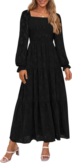 Women’s 2025 Fall Floral Midi Dress Long Sleeve Smocked A Line Long Flowy Elegant Wedding Guest Dresses Black Large