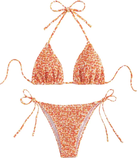 Women’s 2 Piece Floral Bikini Sets Smocked Drawstring Side Triangle Halter Sexy Cute Swimsuits