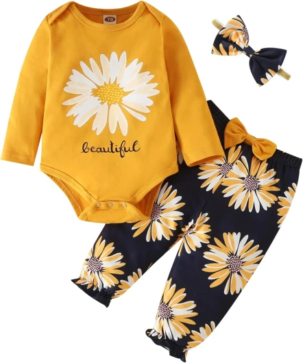 Baby Girl’s 3pc Frill Long Sleeve Romper and Pant Set 0-3 Months Yellow Sunflower