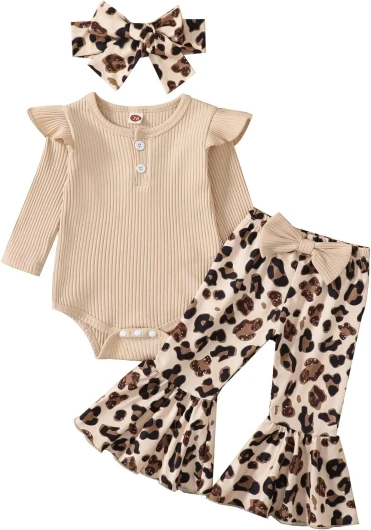 Newborn Baby Girl Clothes Infant Rib Frill Long Sleeve Romper Flared Pants Headband Set 3pcs Fall Winter Outfits 0-3 Months A- Beige