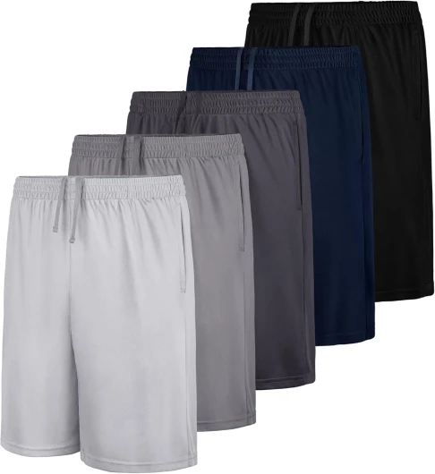 5-Pack Boys Athletic Shorts with Pockets, Dry-Fit Basketball Soccer Shorts for Youth & Kids Outdoor Large Black, Dark Gray, Navy Blue, Gray, Pale Gray