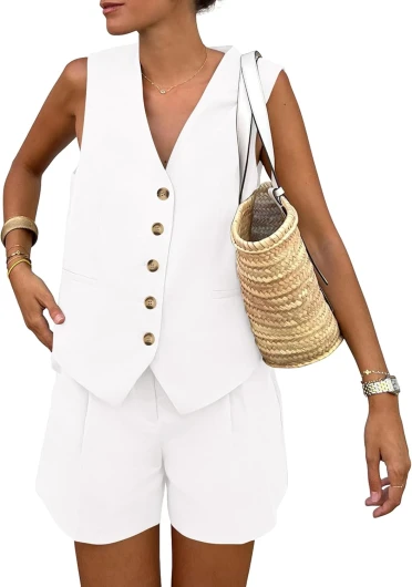 Women’s Summer 2 Piece Outfits Sleeveless Matching Sets Button Down V Neck Vest Waistcoat and Pockets Shorts White Small