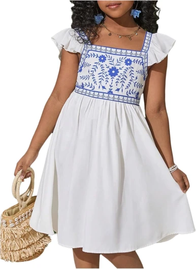 Girl’s Floral Dress Bowknot Back Cap Sleeve Square Neck Boho Flowy Dresses 11 Years White
