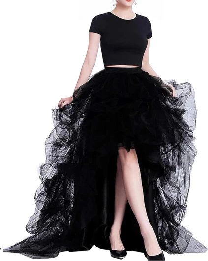Women High Waist High Low Layered Tulle Floor Length Spectial Occasion Skirt Medium Black