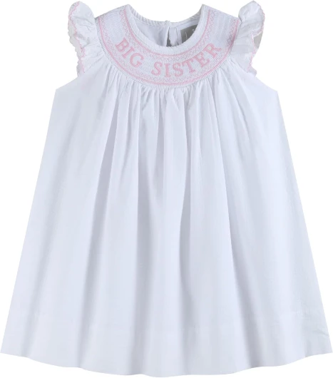 Toddler Girls White ‘Big Sister’ Smocked Bishop Dress 6-7 Years White Pink Sister