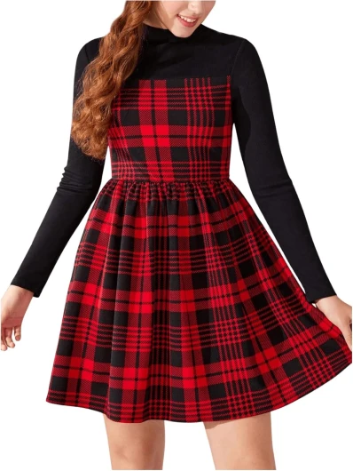 Girl’s Tartan Plaid Dress Long Sleeve High Waisted A Line Flared Short Dresses 11 Years Burgundy