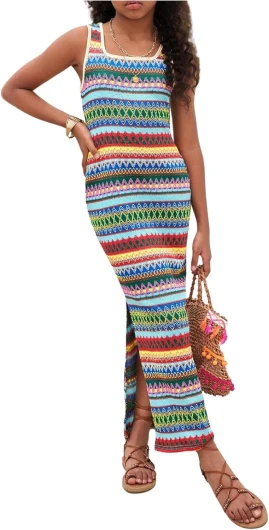 Girl’s Summer Boho Striped Sleeveless Tank Dress - Square Neck Split Thigh Long Maxi 12 Years Blue Green