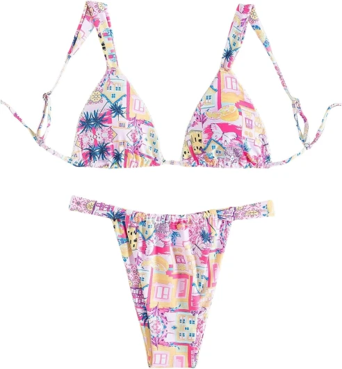 Women’s High Waisted Bikini Set Floral Print Spaghetti Strap Smocked Wireless Bathing Suit Swimsuit 2 Piece Set Large Light Pink