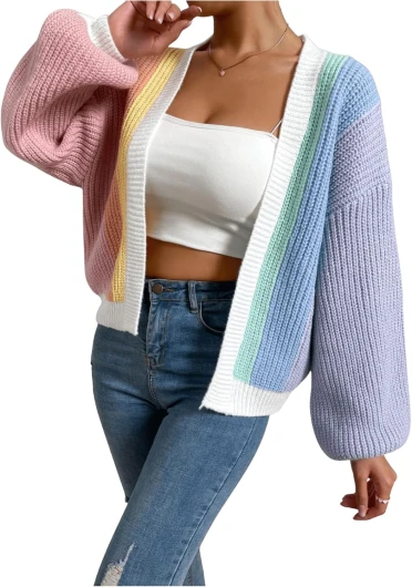 Women’s Color Block Open Front Long Sleeve Ribbed Knit Cropped Cardigan Sweaters Medium Multicolor
