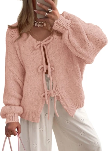 Women’s Tie Front Bow Cardigan Sweaters Chunky Knit Long Puff Sleeve Trendy Fall Winter Jacket Coats Pink X-Large